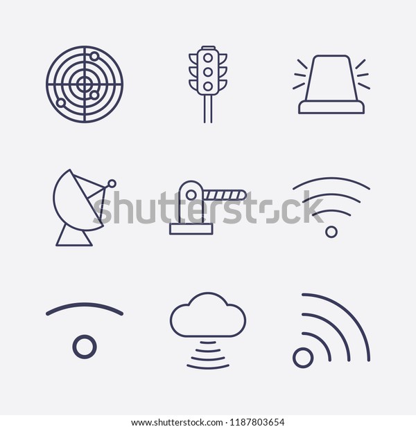 Outline 9 signal icon set. satellite\
antenna, radar, wifi, parking barrier, traffic light, cloud signal\
and alarm flasher vector\
illustration