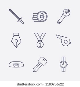 Outline 9 silver icon set. key, ethereum coin, wrist watch, sword, whistle, wrench, pen tool, medal and dog food bowl vector illustration