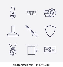 Outline 9 silver icon set. garland, ethereum money, kitchen extractor, sword, ethereum coin, medal, shield and elevator vector illustration