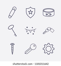 Outline 9 silver icon set. fish canned, safety pin, key, shield, setting, screw and garland vector illustration