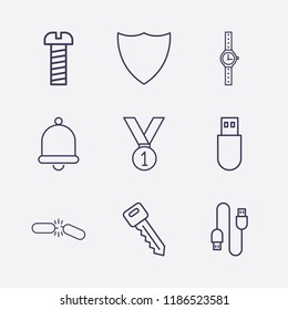 Outline 9 silver icon set. shield, screw, medal, usb, key, wrist watch, broken chain and bell vector illustration