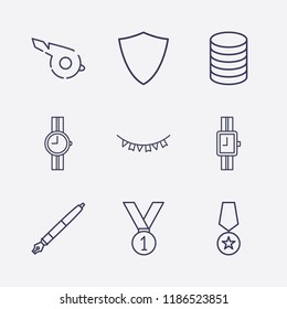 Outline 9 silver icon set. pen, garland, coin, shield, whistle, wrist watch and medal vector illustration