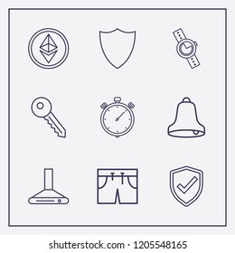 Outline 9 silver icon set. stopwatch, shield, wrist watch and shield check vector illustration
