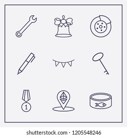 Outline 9 silver icon set. ethereum location, key, fish canned and garland vector illustration
