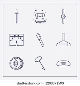Outline 9 silver icon set. kitchen extractor, wrist watch, sword and dog food bowl vector illustration