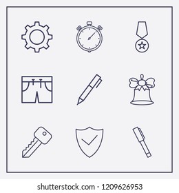 Outline 9 silver icon set. medal, pen, bell and stopwatch vector illustration