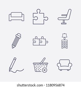 Outline 9 simple icon set. sofa, chair, pencil, close basket, jigsaw, lampshade and armchair vector illustration
