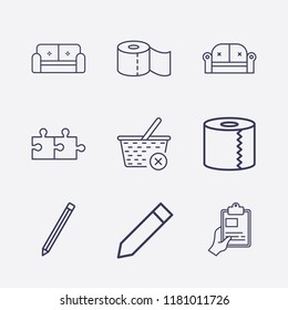 Outline 9 simple icon set. sofa, hand with clipboard, toilet paper, pencil, close basket and jigsaw vector illustration