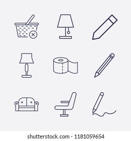 Outline 9 simple icon set. close basket, pencil, chair, toilet paper, lampshade and sofa vector illustration