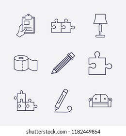 Outline 9 simple icon set. hand with clipboard, lampshade, sofa, pencil, toilet paper and jigsaw vector illustration