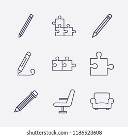 Outline 9 simple icon set. pencil, armchair, jigsaw and chair vector illustration