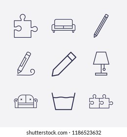 Outline 9 simple icon set. lampshade, sofa, laundry, pencil and jigsaw vector illustration