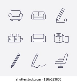 Outline 9 simple icon set. pencil, chair, sofa, jigsaw, armchair and toilet paper vector illustration