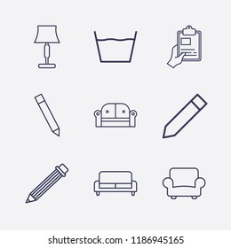 Outline 9 simple icon set. hand with clipboard, lampshade, pencil, laundry, sofa and armchair vector illustration