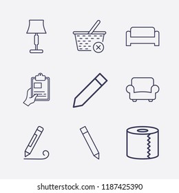 Outline 9 simple icon set. sofa, hand with clipboard, close basket, lampshade, armchair, pencil and toilet paper vector illustration