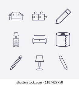 Outline 9 simple icon set. pencil, toilet paper, jigsaw, sofa and lampshade vector illustration