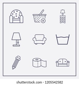 Outline 9 simple icon set. armchair, close basket, lampshade and sofa vector illustration