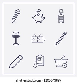 Outline 9 simple icon set. pencil, jigsaw, close basket and pig bank vector illustration