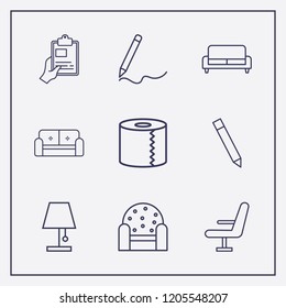 Outline 9 simple icon set. hand with clipboard, sofa, lampshade and armchair vector illustration