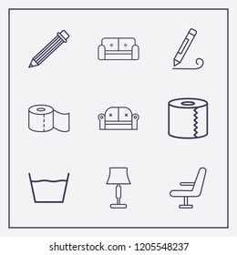 Outline 9 simple icon set. toilet paper, lampshade, pencil and sofa vector illustration