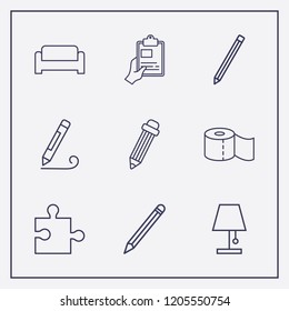 Outline 9 simple icon set. sofa, pencil, toilet paper and lampshade vector illustration