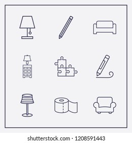 Outline 9 simple icon set. toilet paper, lampshade, armchair and pencil vector illustration