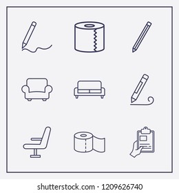 Outline 9 simple icon set. pencil, toilet paper, sofa and hand with clipboard vector illustration