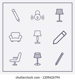 Outline 9 simple icon set. lampshade, pencil, chair and smart lock vector illustration