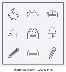 Outline 9 simple icon set. pig bank, lampshade, pencil and armchair vector illustration