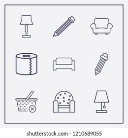 Outline 9 simple icon set. lampshade, pencil, close basket and armchair vector illustration