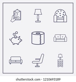 Outline 9 simple icon set. lampshade, toilet paper, hand with clipboard and chair vector illustration