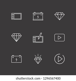 Outline 9 skill icon set. car battery, play, diamond and draw tablet vector illustration