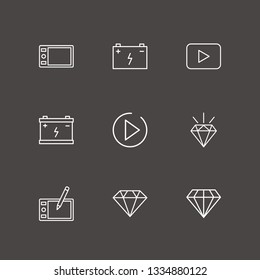 Outline 9 skill icon set. car battery, draw tablet, play and diamond vector illustration