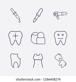 Outline 9 skin icon set. broken tooth, face lock, hair dryer, tooth, pipette and body vector illustration