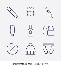 Outline 9 skin icon set. body, diapers, face lock, close, pipette, winter hat, tube cream and sunscreen vector illustration