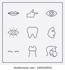 Outline 9 skin icon set. hygiene face mask, body, eyebrow and lips vector illustration