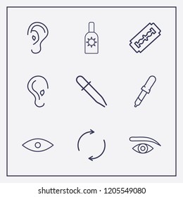 Outline 9 skin icon set. sunscreen, ear, pipette and eye vector illustration