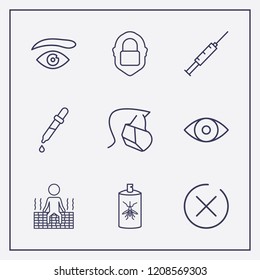 Outline 9 skin icon set. pipette, sauna, brow eye and bug spray vector illustration