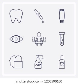 Outline 9 skin icon set. sunscreen, tooth, eye and tube vector illustration