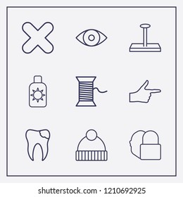 Outline 9 skin icon set. broken tooth, thread, winter hat and finger right vector illustration