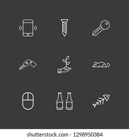 Outline 9 small icon set. fish, smartphone vibration, hand with plant and mouse vector illustration