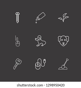 Outline 9 small icon set. shovel in the ground, mouse, plant and screw vector illustration