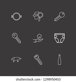 Outline 9 small icon set. pot, beer bottle, hand with house and pig vector illustration