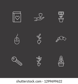 Outline 9 small icon set. plant, money tree plant, favorite book and hand with shield vector illustration