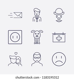 Outline 9 smile icon set. clown, glasses man, socket, sad smile, lovers, send message, businessman, medical billboard and dog vector illustration