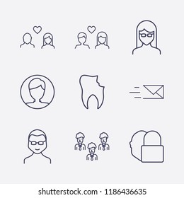 Outline 9 smile icon set. face lock, lovers, glasses girl, user, send message, glasses man, businessman group and broken tooth vector illustration