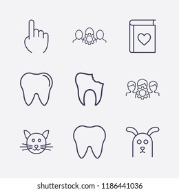 Outline 9 smile icon set. group setting, cat, one finger, broken tooth, tooth, favorite book and dog vector illustration