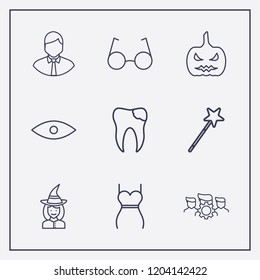 Outline 9 smile icon set. broken tooth, glasses, halloween magical wand and group setting vector illustration