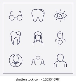 Outline 9 smile icon set. eye, man love, broken tooth and woman vector illustration