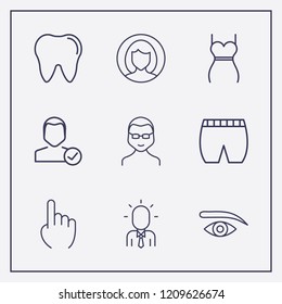 Outline 9 smile icon set. tooth, user, woman dress and check user vector illustration